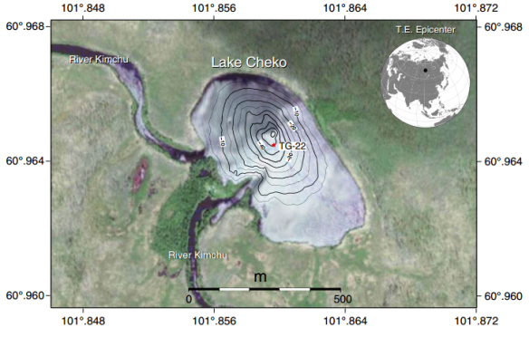 Dibujo20130504 Lake Cheko bathymetric map and location of sediment-core TG-22 collected during the Tunguska 1999 expedition
